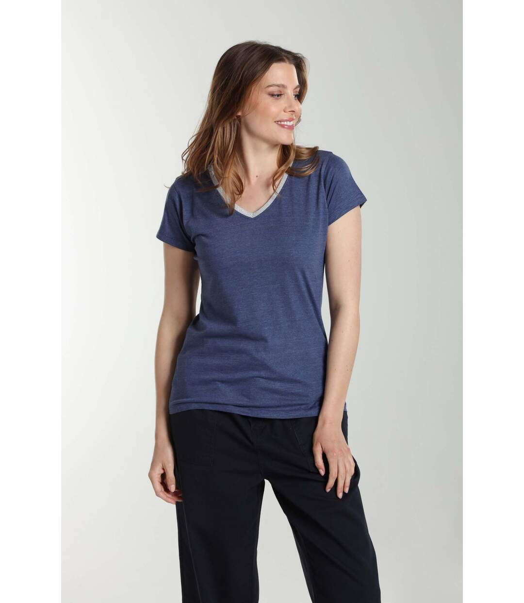 Tee Shirt Col V Lurex Manches Courtes Femme Tee Sun Twilight (marine) | Gerard Pasquier-3