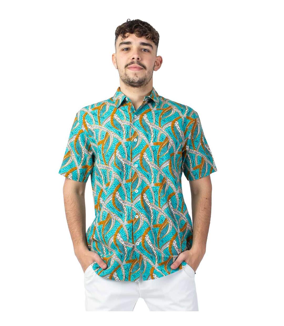 Chemise homme manches courtes LORENZO imprimé ethnique bleu Coton Du Monde