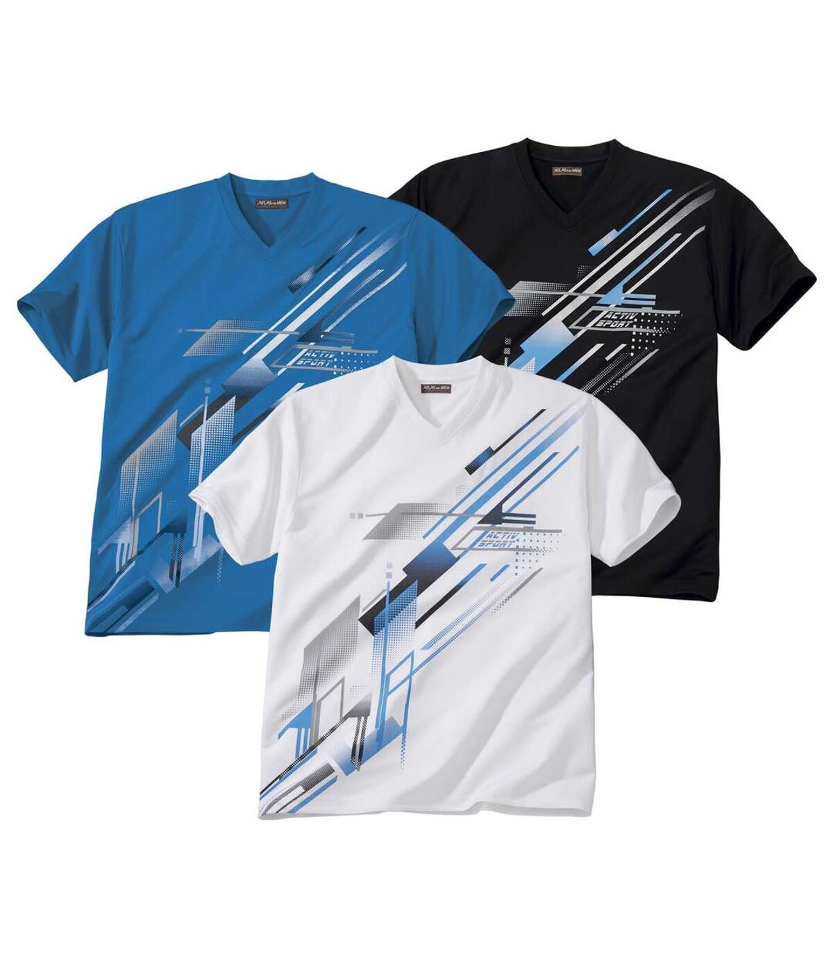 Pack of 3 Men's Sports Print T-Shirts - White Black Blue Atlas For Men