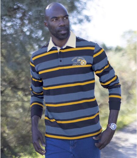 Men's Blue Long Sleeve Striped Polo Shirt 