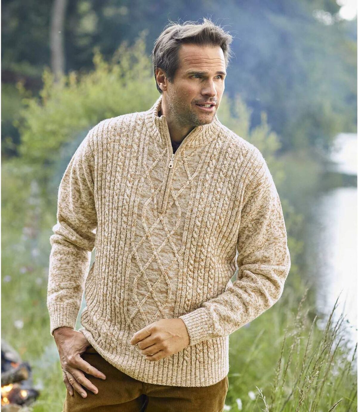 Melírovaný úpletový sveter s golierom na zips Atlas For Men
