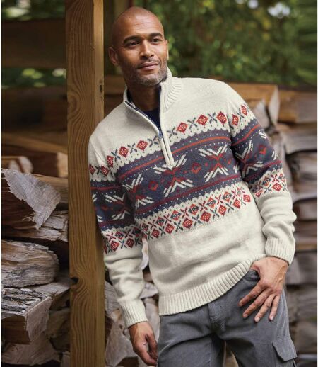 Men's Patterned Off-White Quarter-Zip Sweater 