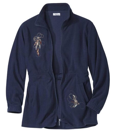 Women's Long Navy Zip Up Jacket - Fleece - Embroidered
