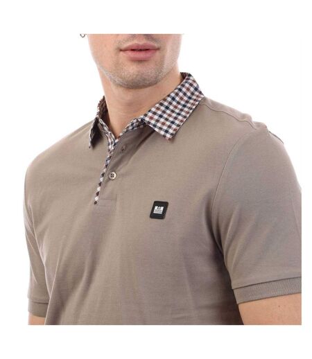 Mens Checked Collar Cotton Polo Shirt Stone Weekend Offender