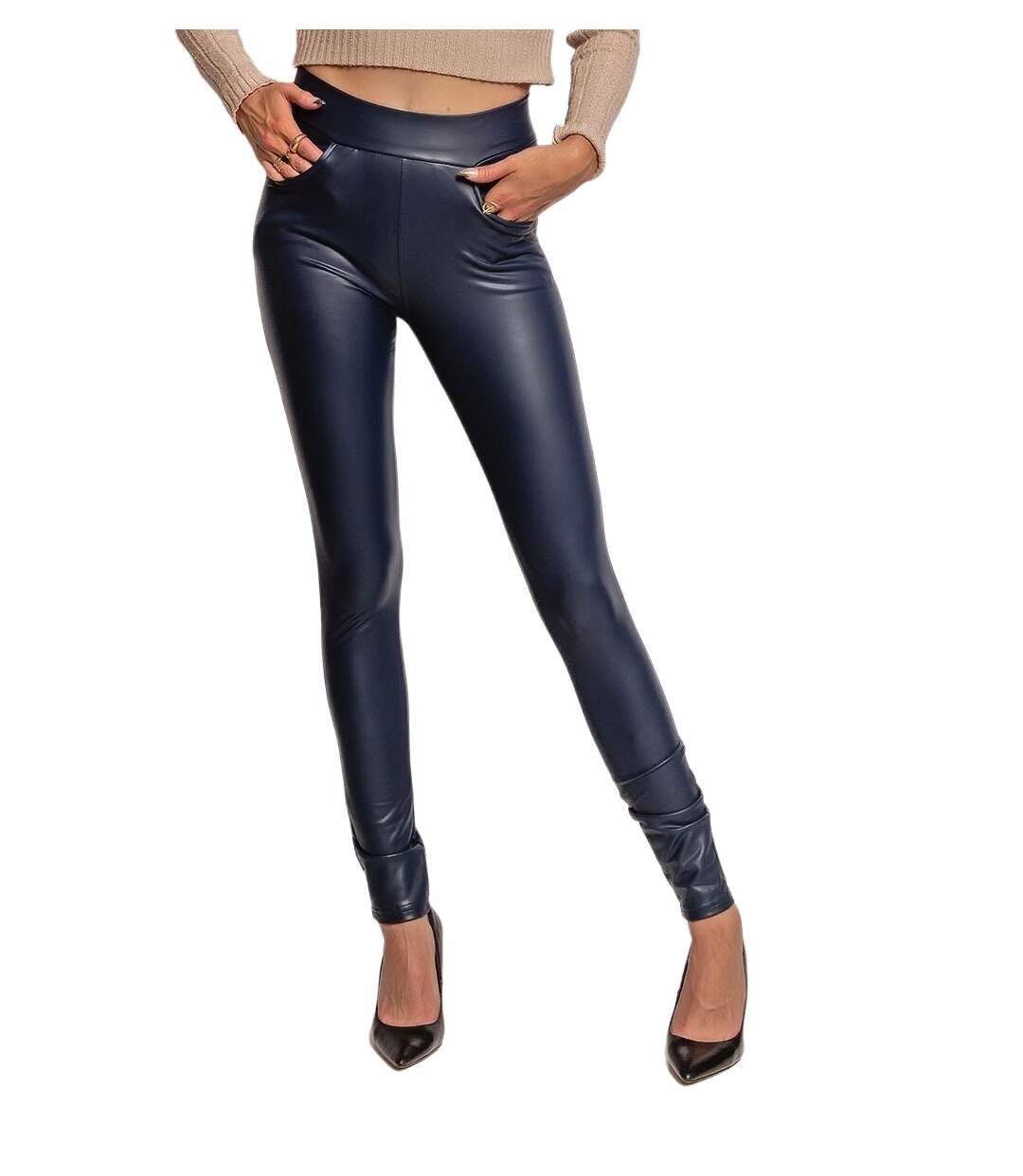 Legging femme avec poches - Couleur bleu - Simili cuir - Taille haute-1