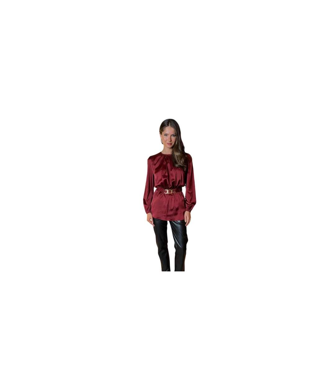 Womens/ladies Gold Detail Belt Long-sleeved Top Wine Ax-1