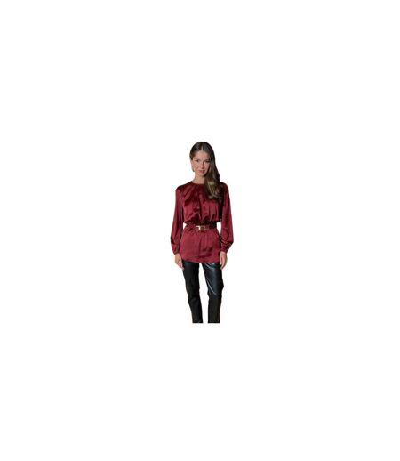 Womens/ladies Gold Detail Belt Long-sleeved Top Wine Ax