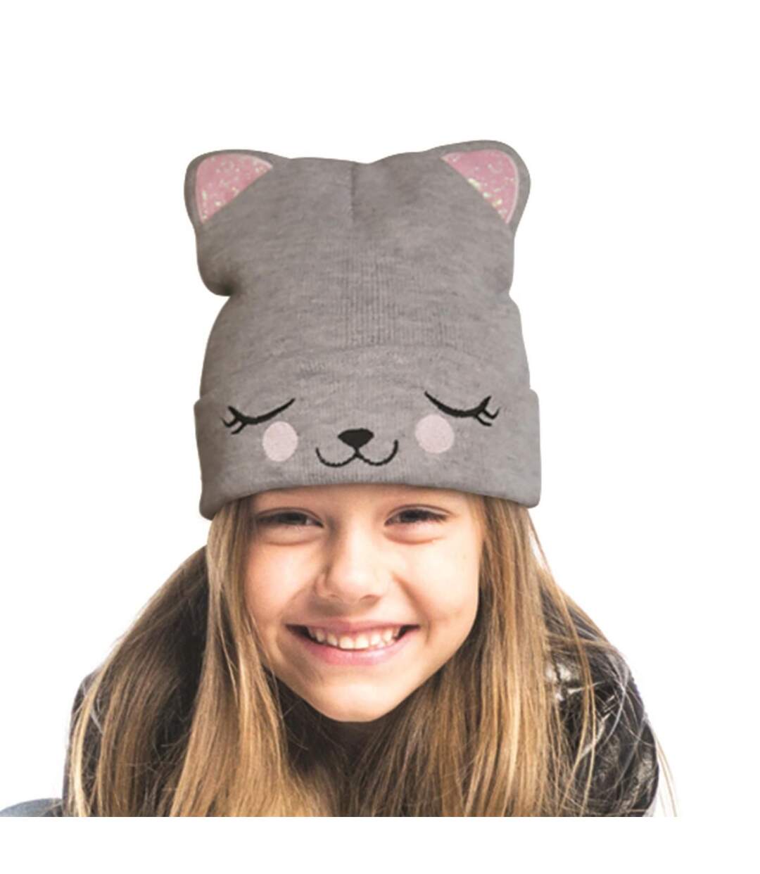 Bonnet Enfant Chat 21cm Gris & Rose-4