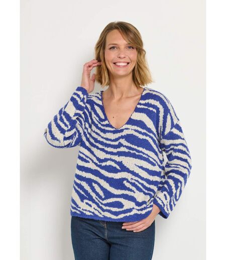 Pull col V maille mousseuse motif zèbre
