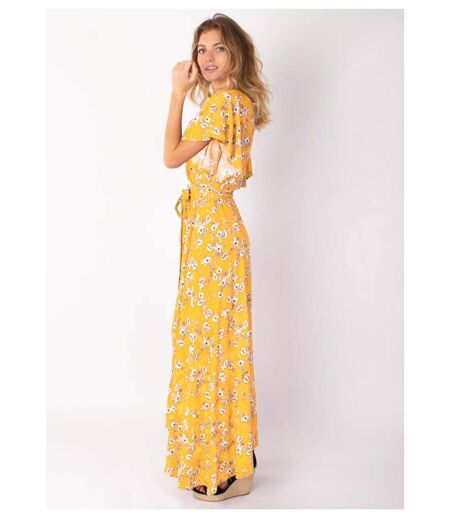 Robe longue SAKURA bohème imprimé fleuri jaune Coton Du Monde