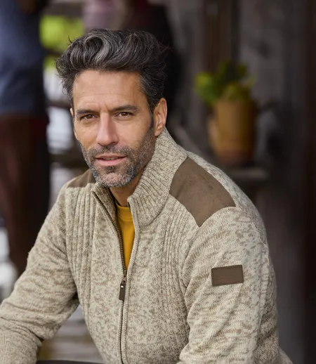 Men's Beige Zip-Up Knitted Jacket