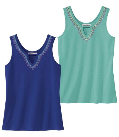 Pack of 2 Women's Vest Tops - Turquoise Navy