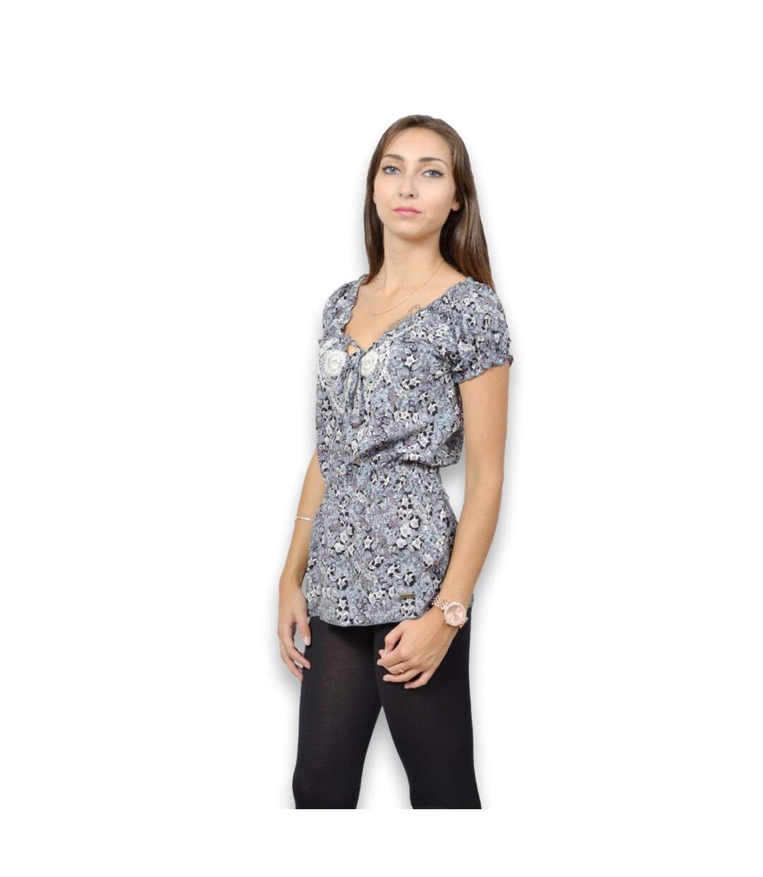 Blouse femme sans manche  motif imprimé sur fond gris col en V-3