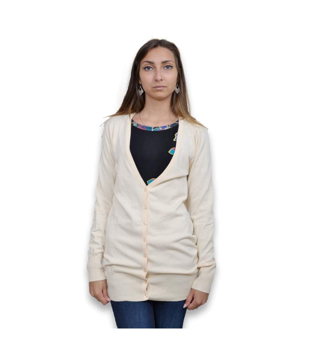 Gilet femme manches longues - Couleur blanc - Col en V-1