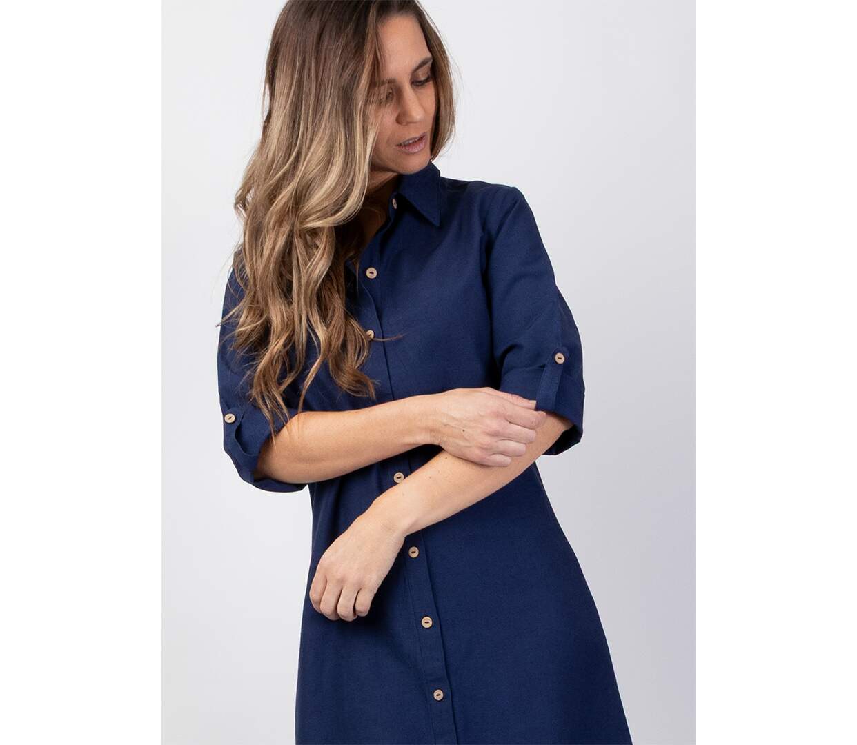 Robe chemise col tailleur CLAUDINE unie bleu marine Coton Du Monde-5