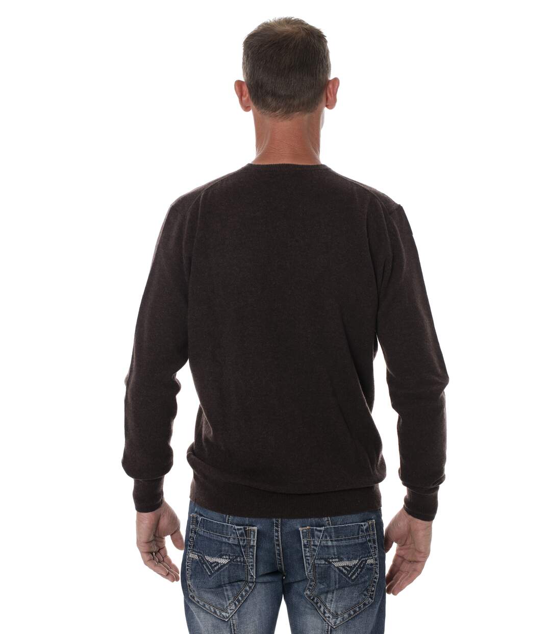 Pull homme laine de yak col V marron-3