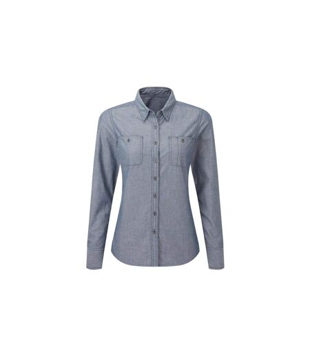 Womens/ladies Organic Fairtrade Certified Chambray Formal Shirt Indigo Denim Premier