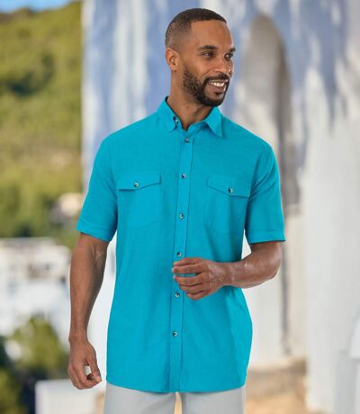 Men's Turquoise Linen & Cotton Blend Shirt