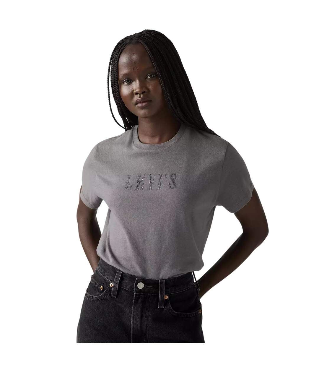 Womens/ladies Rhinestone T-shirt Grey Levis-1