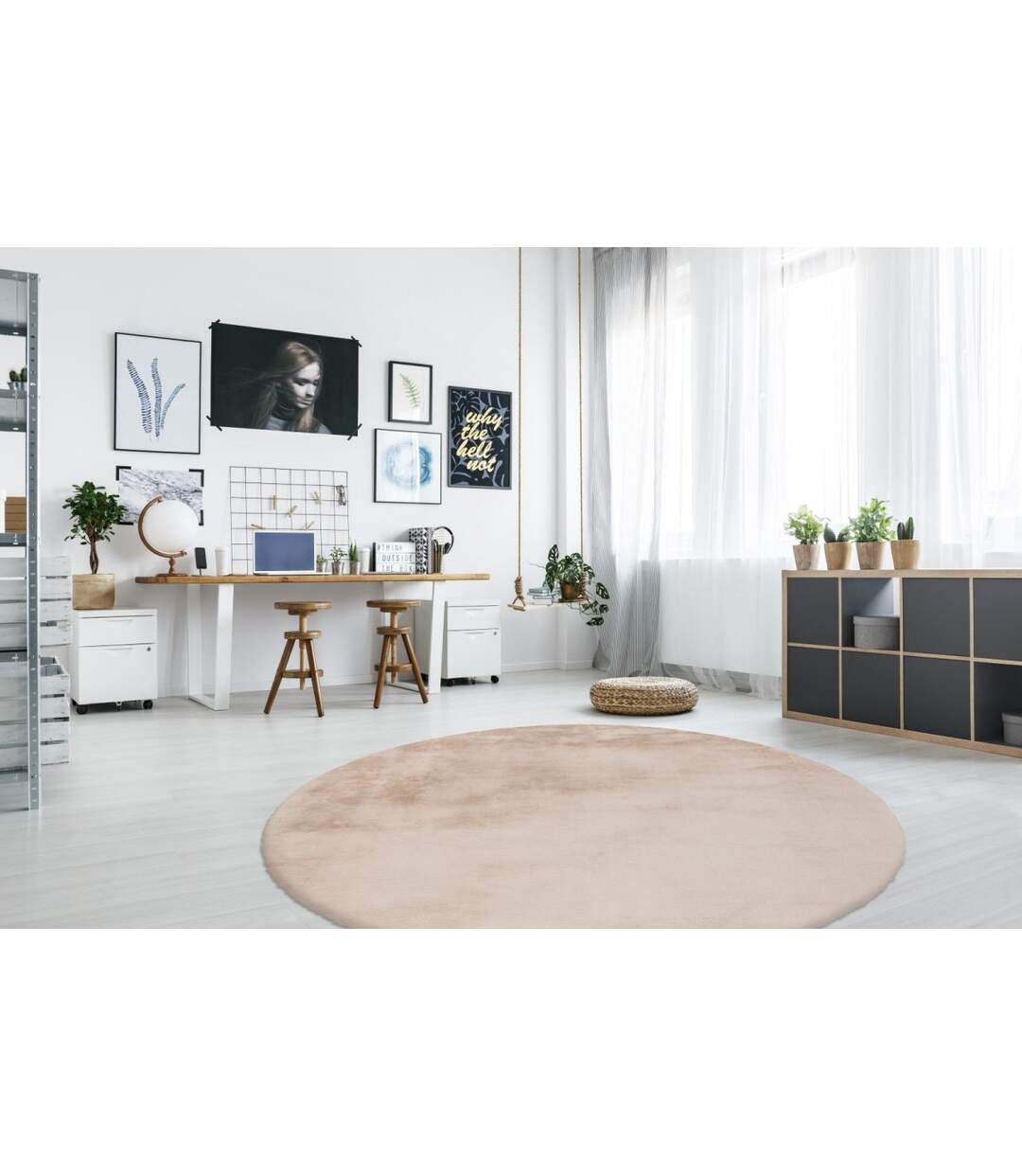 Tapis Rond à Poils Longs Rabbit 160cm Beige-2