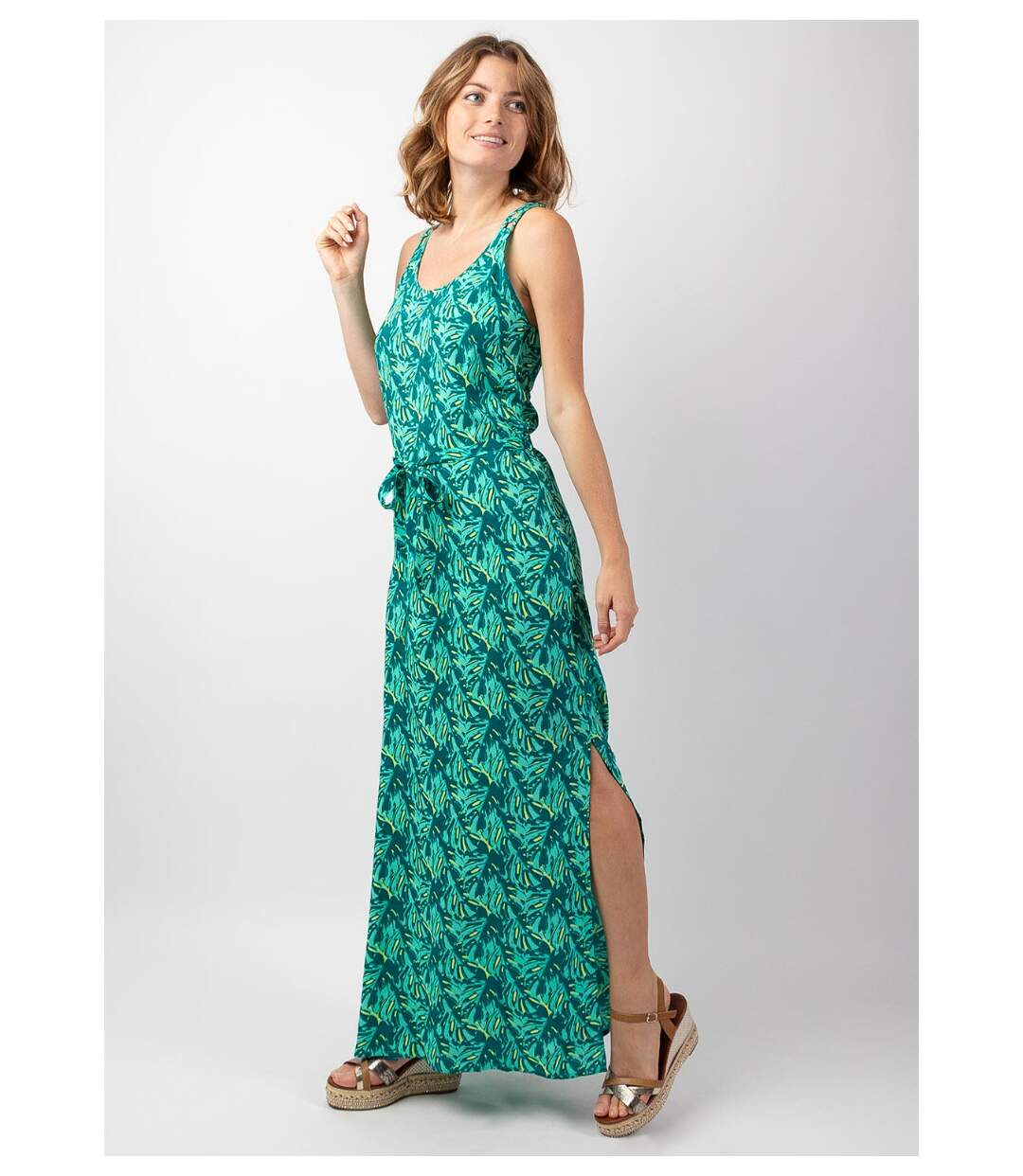 Robe longue fendue LAETITIA imprimé tropical vert Coton Du Monde