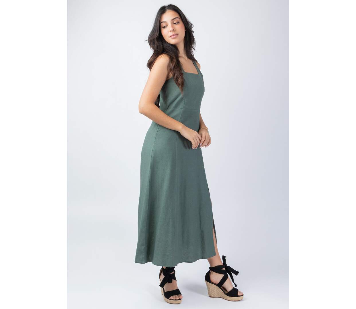 Robe longue coupe droite JULINE unie kaki Coton Du Monde-2