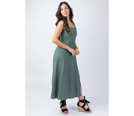 Robe longue coupe droite JULINE unie kaki Coton Du Monde