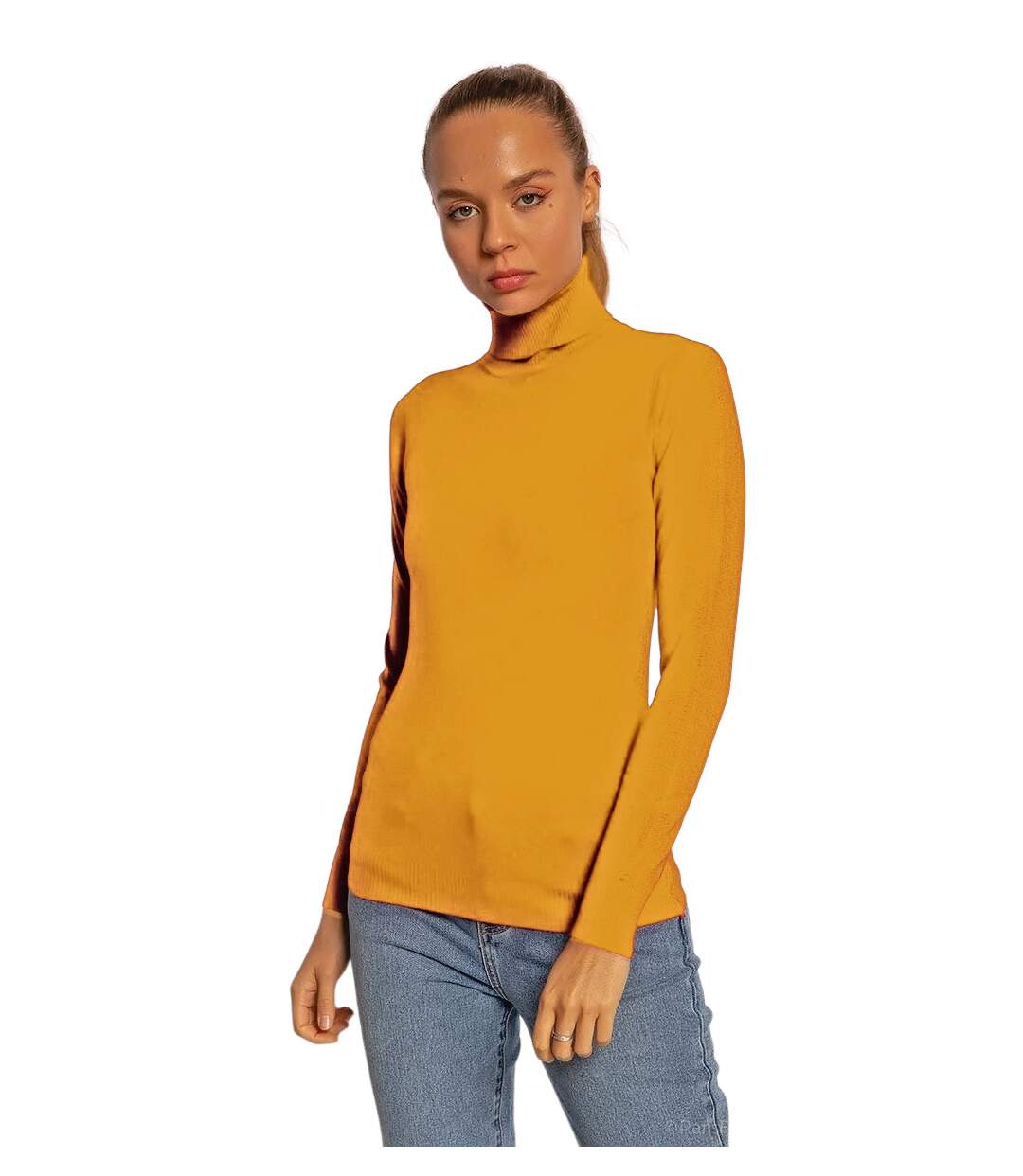 Pull femme manches longues fin - Col roulé - Couleur jaune-1