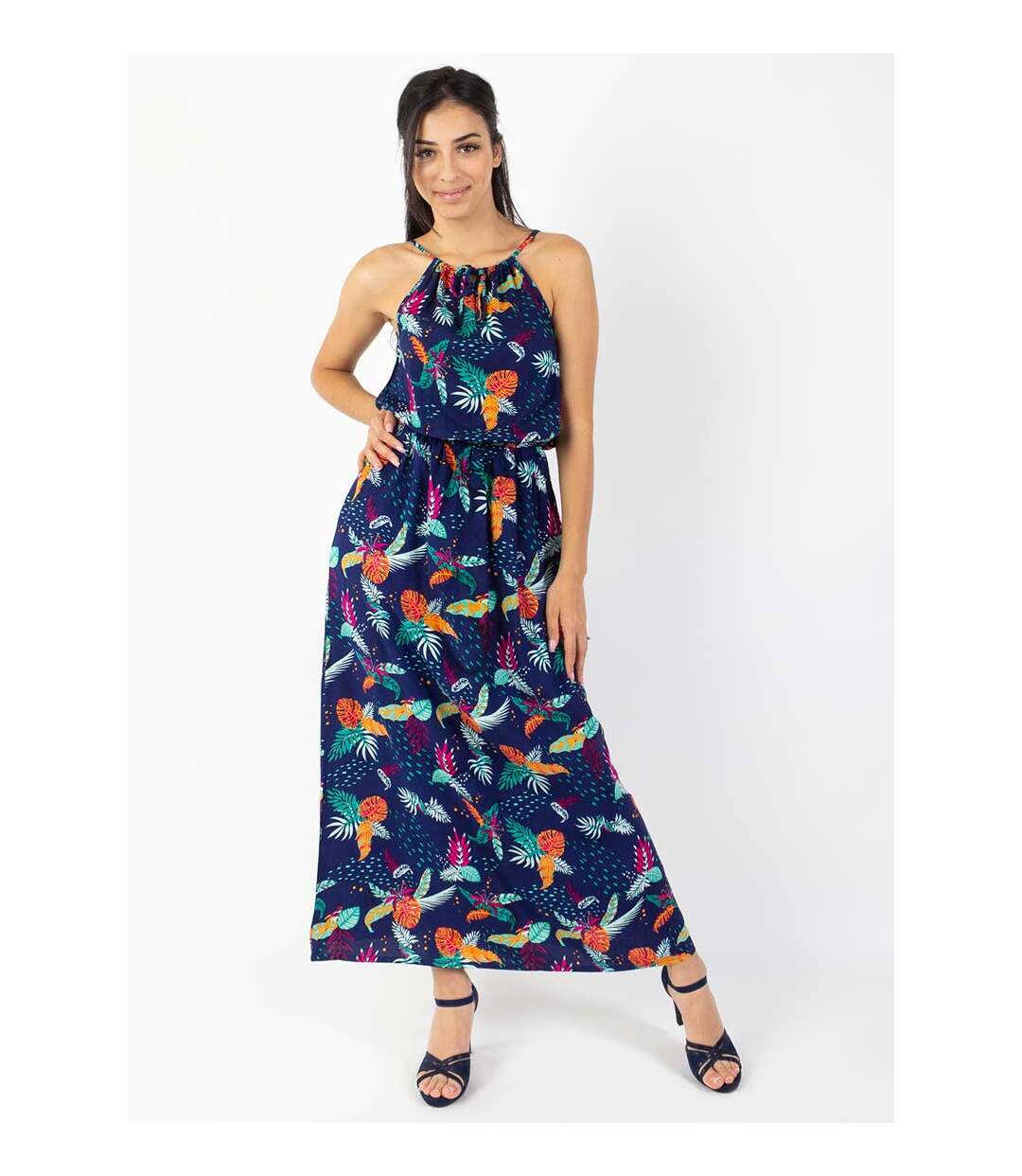 Robe longue col licou NAYA imprimé tropical bleu Coton Du Monde