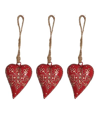 Coeur rouge en métal et corde à suspendre (Lot de 3)