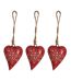 Coeur rouge en métal et corde à suspendre (Lot de 3)