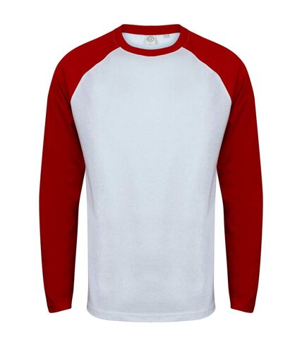 Skinni Fit Mens Long-Sleeved Baseball T-Shirt (White/Red)