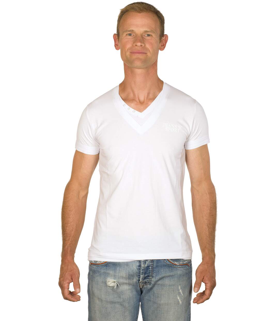 T-shirt Slim Col V Uni Blanc Manches Courtes-1