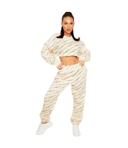 Womens/ladies Slogan Relaxed Fit Jogging Bottoms Cream Missy Empire