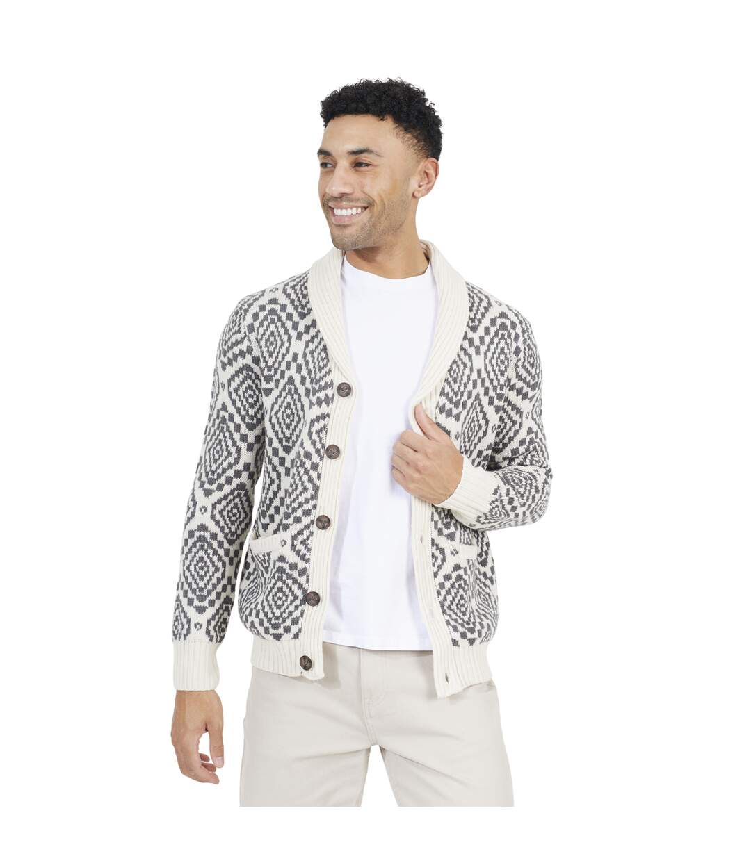 Mens Shawl Collar Cardigan Oatmeal Slate Grey Brave Soul-2