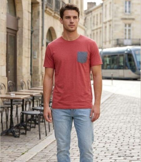 CHALLENGER TEE3022A — Tee-shirt col rond rouge : l'alliance du coton flammé et du chambray