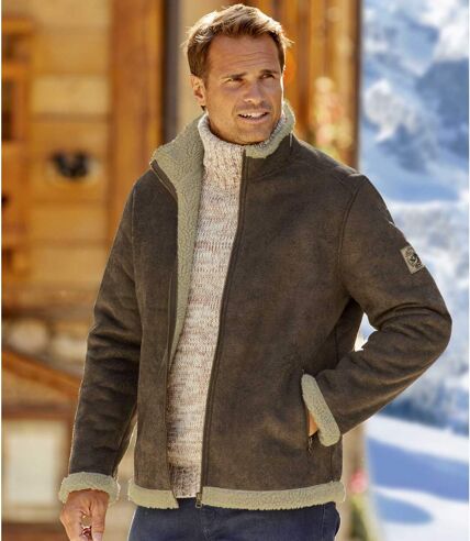 Men's Brown Sherpa-Lined Faux Suede Aviator Jacket - Full Zip