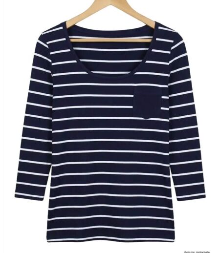 MAYFLOWER DARCY1 - Tee-shirt manches 3/4 marine à rayures blanches : le chic marin stretch