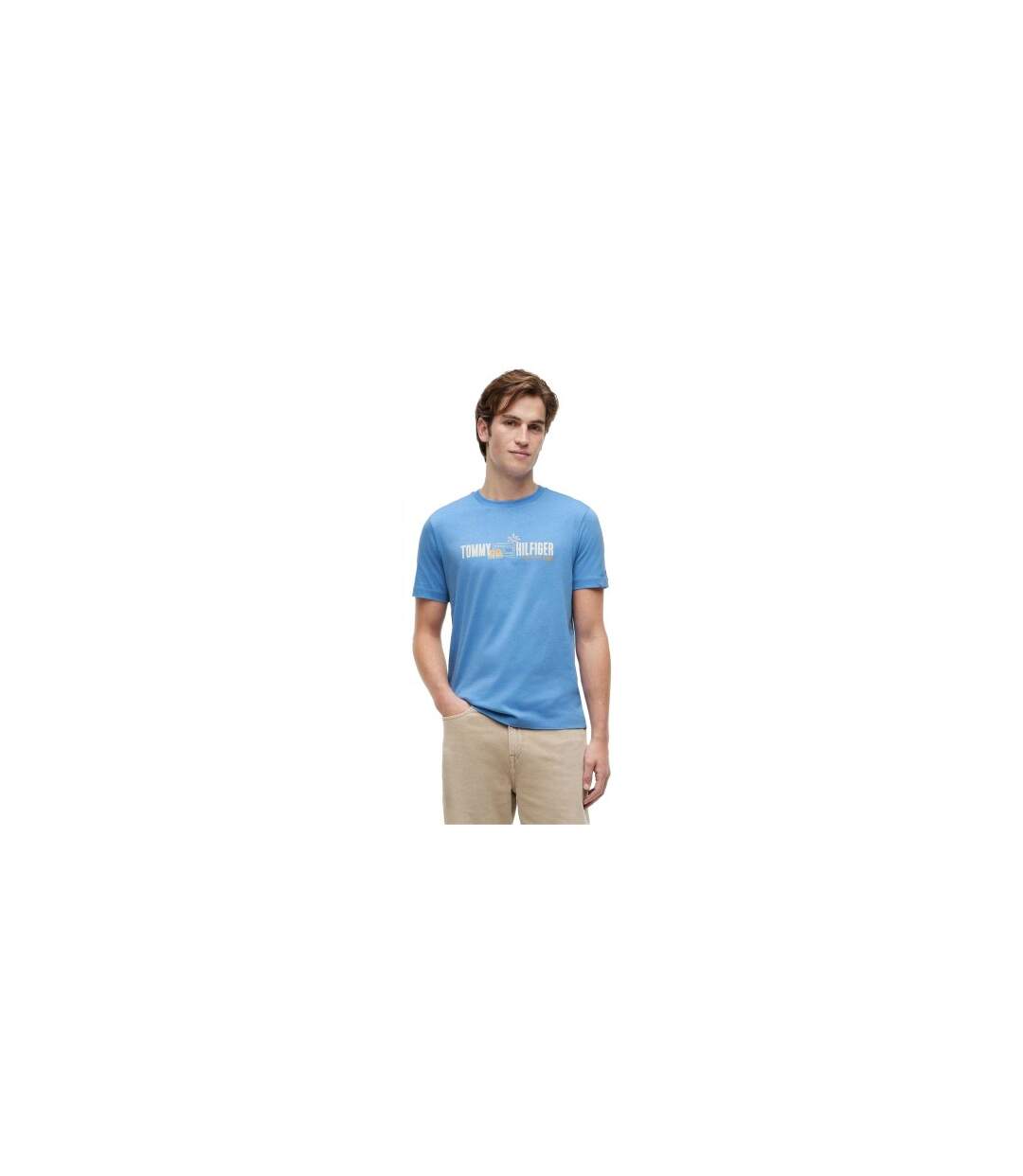 Mens Summer Chest Print Regular T-shirt White Blue Tommy Hilfiger-1
