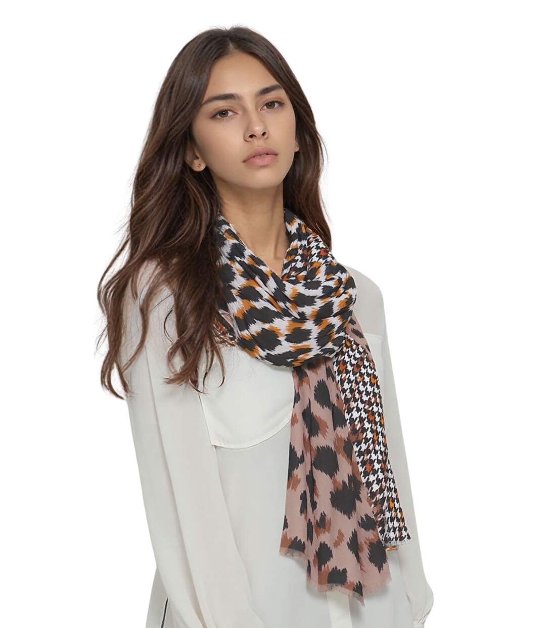 Echarpe Femmes en Coton et Viscose Taupe à  Motifs Graphiques-1