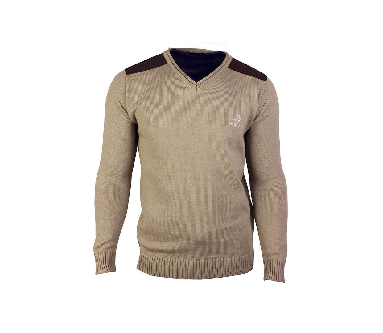 Pull Col V Homme Winchester Panel1 Beige avec Renforts Suédine-2