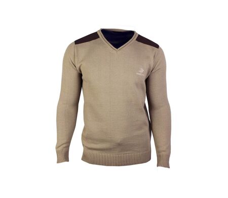 Pull Col V Homme Winchester Panel1 Beige avec Renforts Suédine