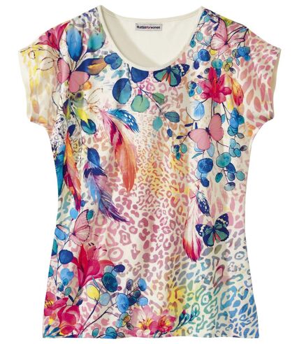 Women's Leopard and Flower Print T-Shirt - Off-White