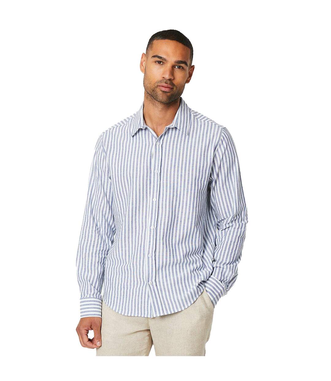 Mens stripe linen long-sleeved shirt navy Burton-1