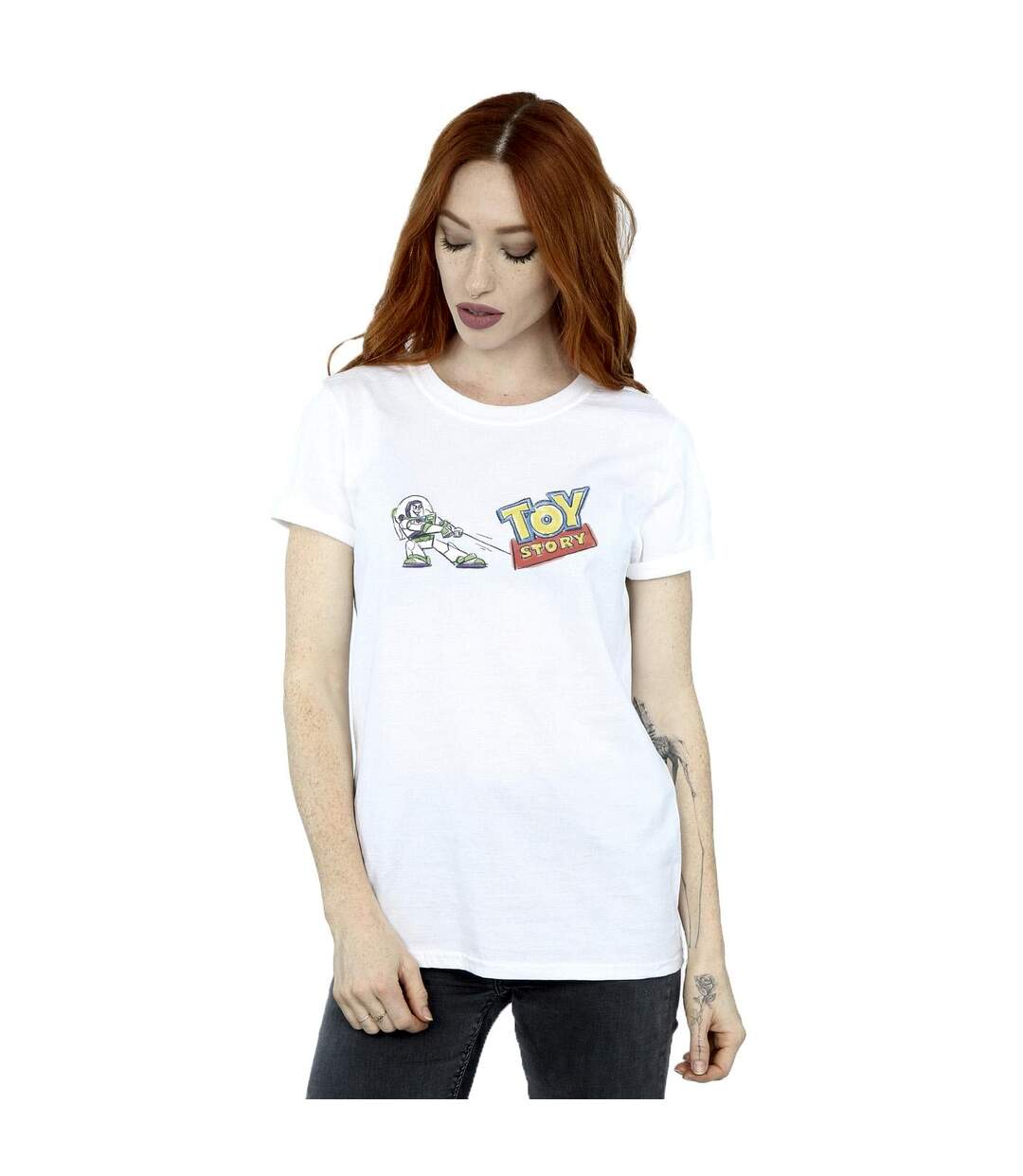 Disney Womens/Ladies Toy Story Buzz Pulling Logo Cotton Boyfriend T-Shirt (Blanc) - UTBI47089-2