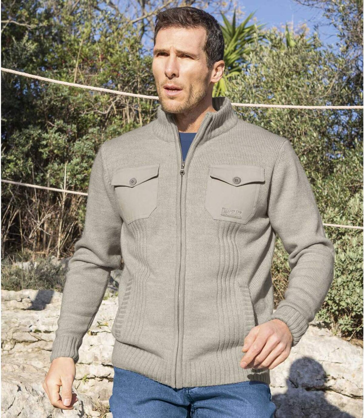 Pletený béžový sveter na zips Atlas For Men
