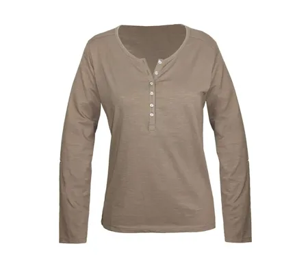 MAYFLOWER NINON3 : Tee-shirt manches longues taupe en coton flammé avec patte boutonnée