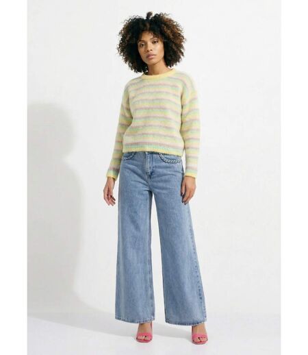 Pull duveteux col rond, rayures pastel