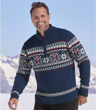 Trykotowy sweter z wykładanym kołnierzem w żakardowe wzory