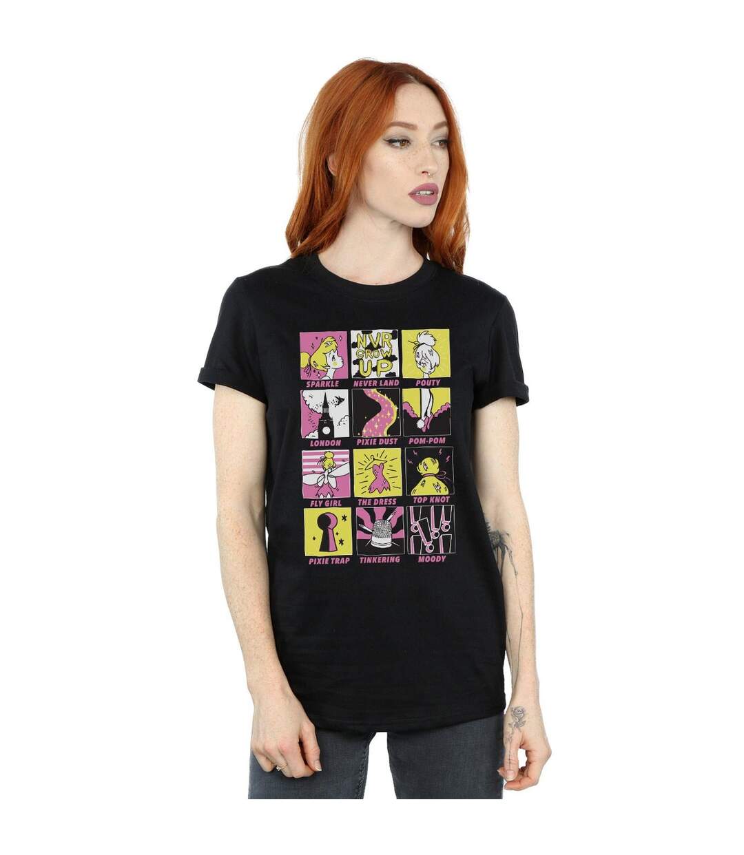 Disney Femme/Ladies - T-shirt boyfriend en coton avec carrés de la Fée Clochette (Noir) - UTBI46466-2